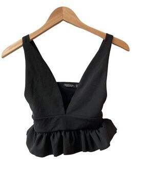 Nasty Gal Black Deep V Ruffle Peplum Crop Top